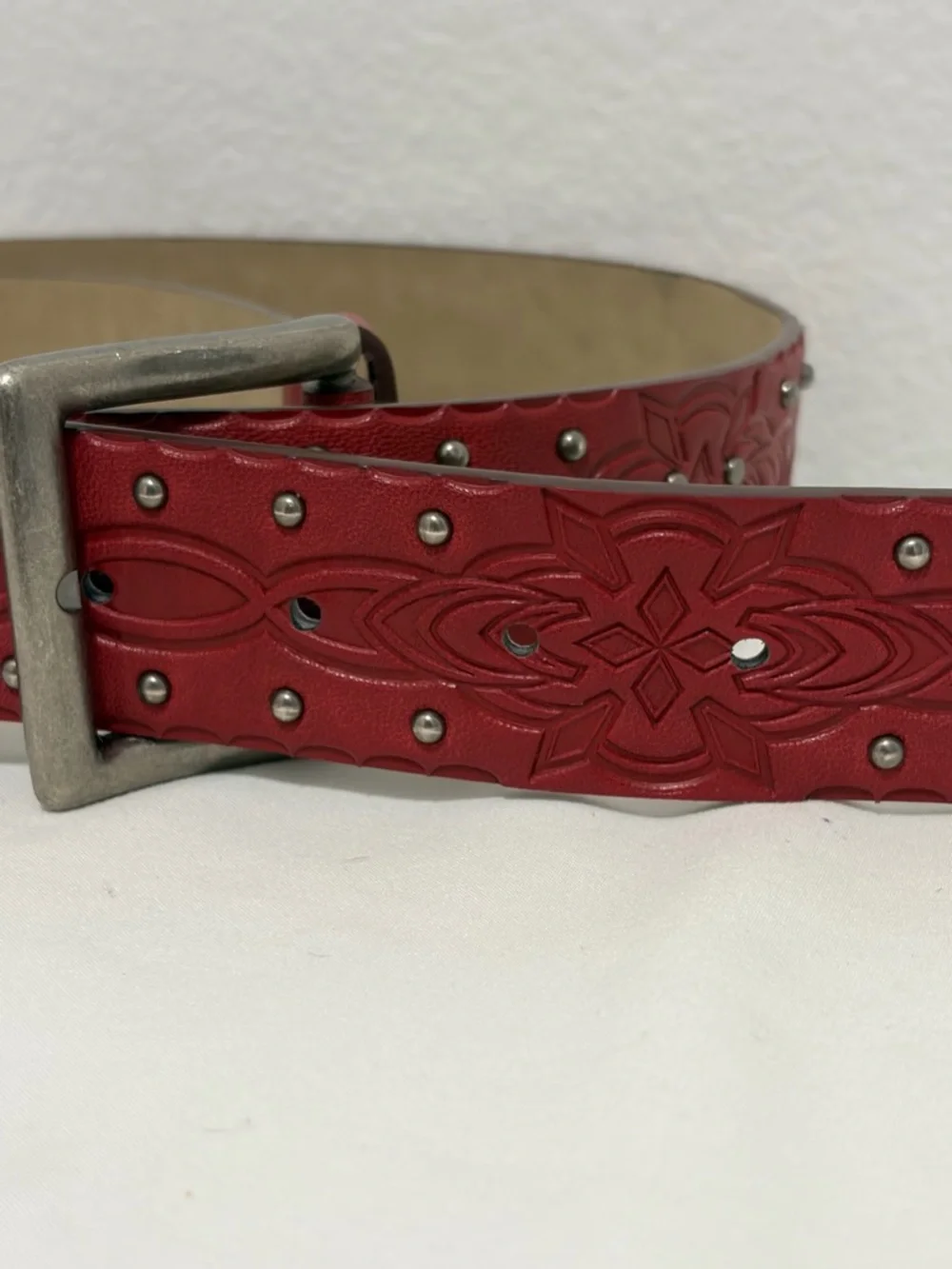 Red Faux Leather Studded & Stamped Western Belt - NWOT - 45”L